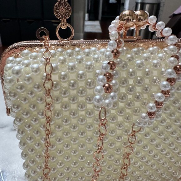 Pearl Beaded Clutch Bag with Rose Gold Chain | Elegant Wedding Purse Evening Han - Picture 5 of 8